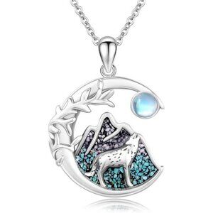 Wolf Necklace S925 Sterling Silver Crescent Moon Wolf Necklace Moonstone